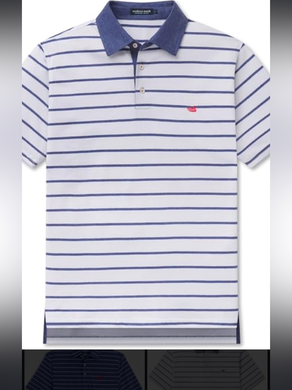 Southern Marsh White Polo with Navy Stripes and Denim Collar